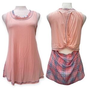 Hem & Tread Pale Pink & Plaid Raw Edge Back Cutout Tunic Tank Small NEW